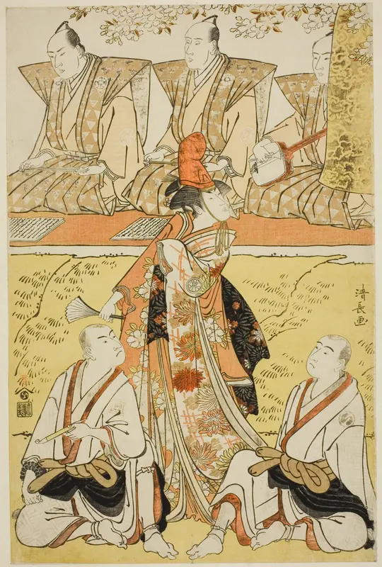 The Actors Segawa Kikunojo III as Koito, Sawamura Sojuro III as the monk Sainenbo, and Ichikawa Monnosuke II as the monk Renseibo, in the shosa "Mata Saku Hana Museume Dojoji," performed at the Nakamura Theater in the fourth month, 1783