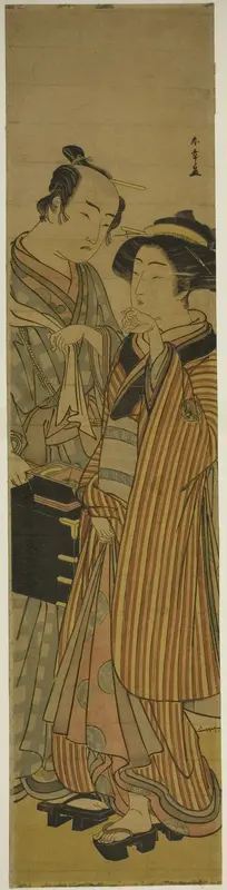 The Actors Segawa Kikunojo III as Okoma (right), and Arashi Sangoro III as the Hairdresser Obana Saizaburo (left), in the Play Koi Musume Mukashi Hachijo, Performed at the Nakamura Theater in the Third Month, 1776 Wall Art by Katsukawa Shunsho - High-Resolution Digital Print