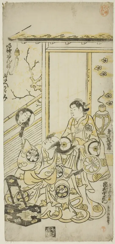 The Actors Tamazawa Saijiro I as Oiso no Tora and Ichimura Uzaemon VIII as Soga no Juro in the play "Haru wa Akebono Kuruwa Soga," performed at the Ichimura Theater in the first month, 1743