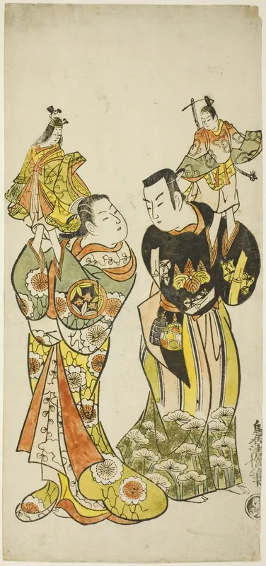 The Actors Yamashita Kinsaku I and Hayakawa Hatsuse as puppeteers in the play "Diary Kept on a Journey by Sea to Izu" ("Funadama Izu Nikki"), performed at the Nakamura Theater in the first month, 1725