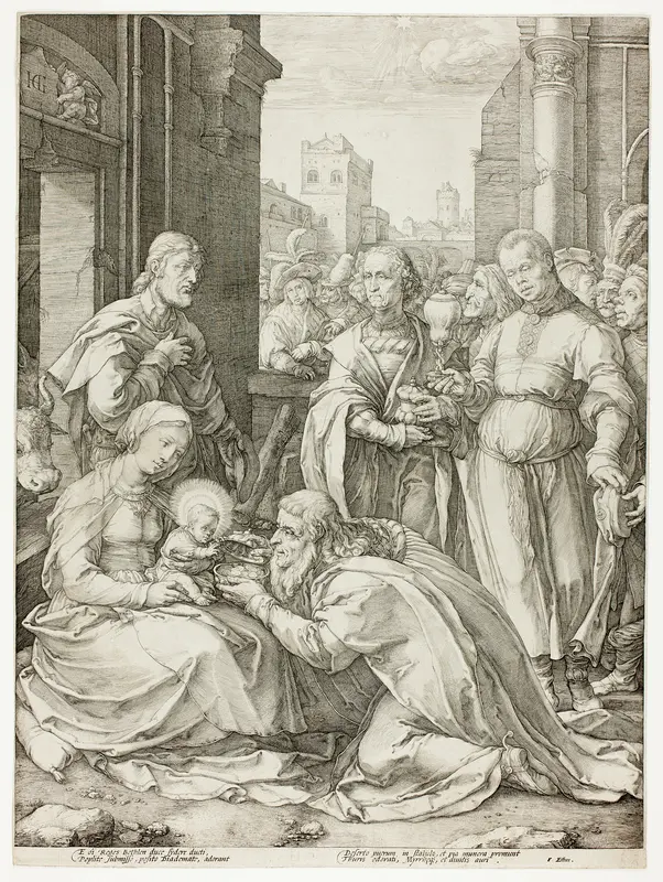 The Adoration of the Magi, plate five from The Birth and Early Life of Christ Wall Art by Hendrick Goltzius - High-Resolution Digital Print