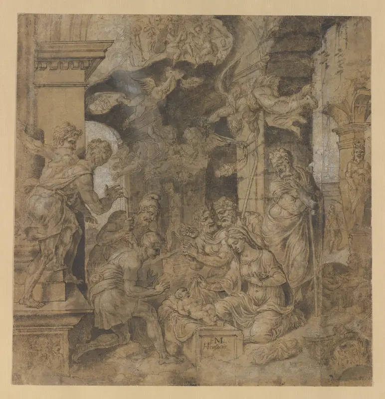 The Adoration of the Shepherds (recto); Sketches (verso) Wall Art by Maarten van Heemskerck - High-Resolution Digital Print