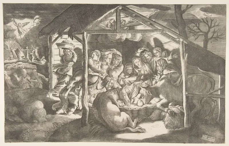 The adoration of the shepherds, various figures at night surround the Christ Child Wall Art by Giulio Bonasone - High-Resolution Digital Print