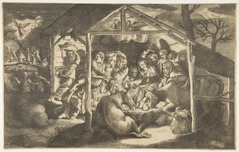 The adoration of the shepherds, various figures surrounding the Christ Child in the centre Wall Art by Giulio Bonasone - High-Resolution Digital Print