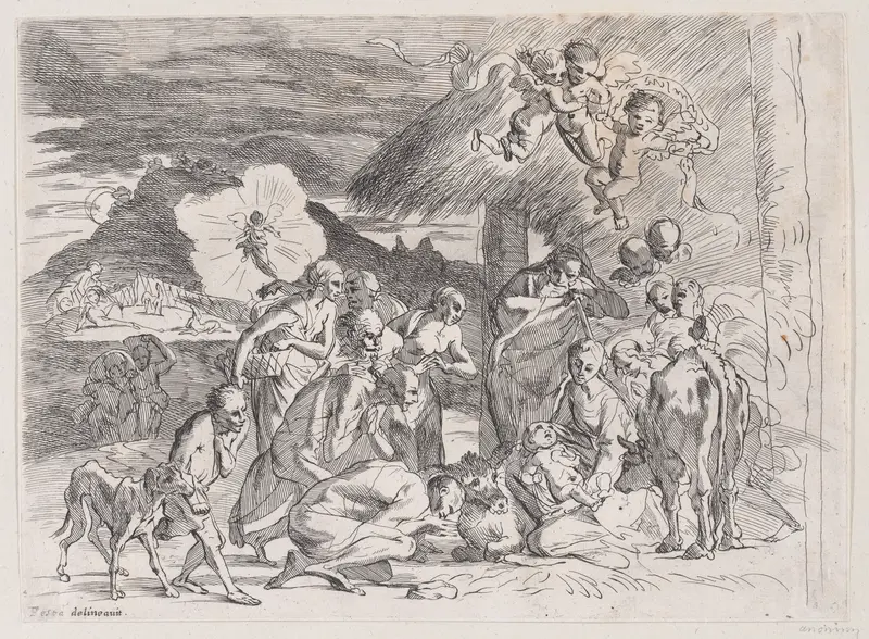 The adoration of the shepherds who gather at left, angels holding a banderole upper right Wall Art by Anonymous, 18th century - High-Resolution Digital Print