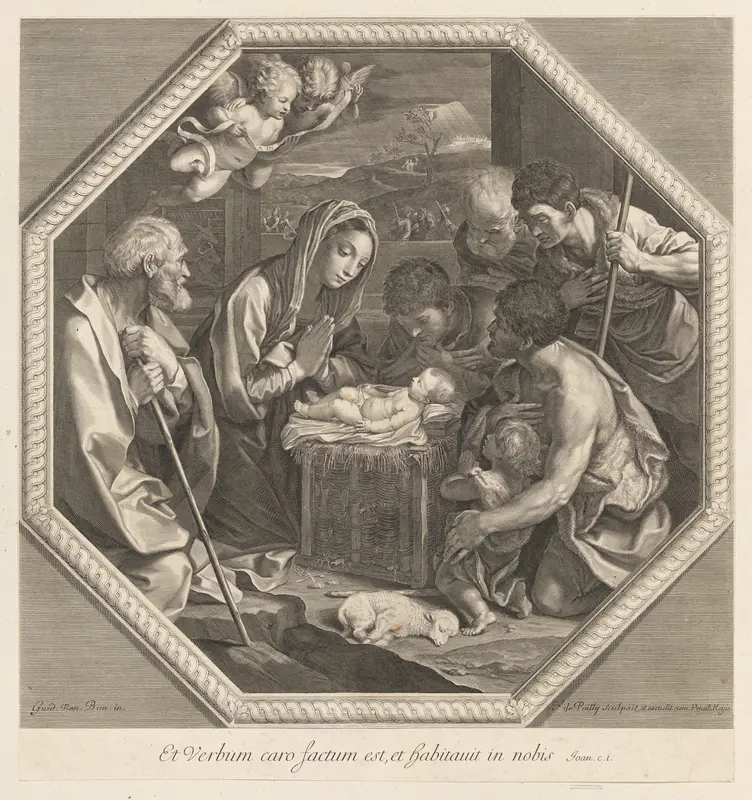 The adoration of the shepherds who kneel together at right before the infant Christ, the Virgin and Saint Joseph at left, two angels above, in an octagonal frame, after Reni Wall Art by Francois de Poilly - High-Resolution Digital Print