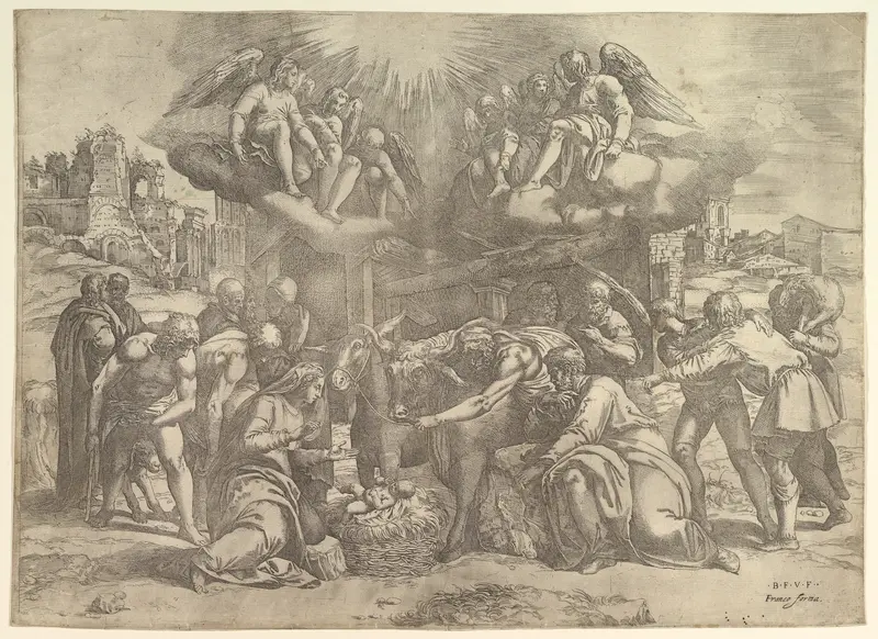 The Adoration of the Shepherds with angels overhead Wall Art by Battista Franco - High-Resolution Digital Print