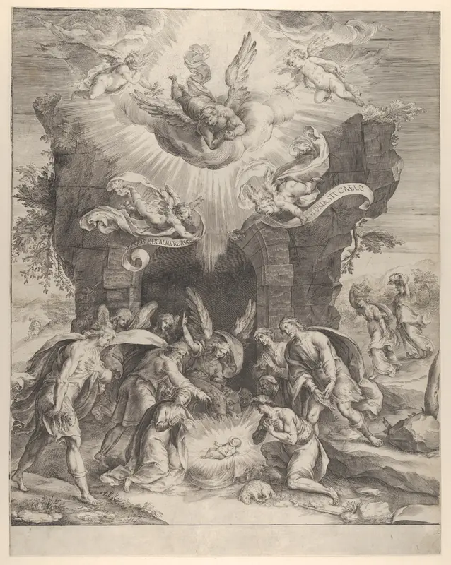The Adoration of the Shepherds with the Christ Child at center and angels above Wall Art by Cherubino Alberti (Zaccaria Mattia) - High-Resolution Digital Print