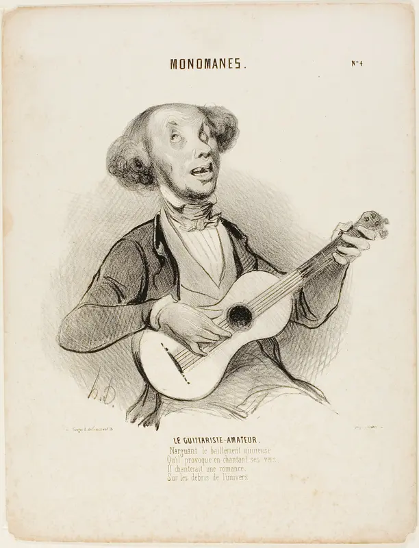 The Amateur Guitarist. Defying everyone's yawns, As he sings his puny verse, He would sing a parlor-song, On the ruins of the universe...,” plate 4 from Monomanes