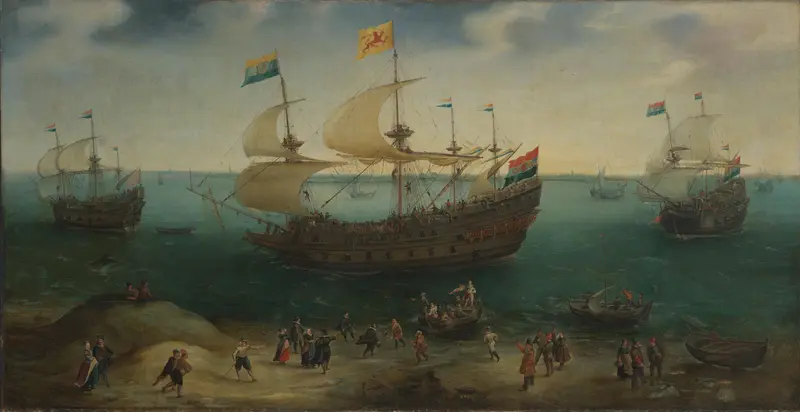 The Amsterdam Four-Master ‘De Hollandse Tuyn’ and Other Ships on their Return from Brazil under the Command of Paulus van Caerden Wall Art by Hendrick Cornelisz Vroom - High-Resolution Digital Print