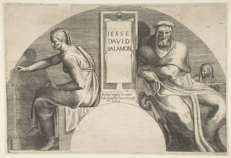The ancestors of Christ flanking an inscribed tablet, an arched top composition Wall Art by Giulio Bonasone - High-Resolution Digital Print