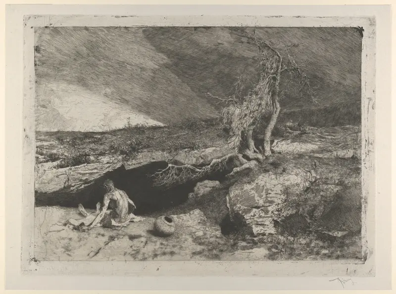 The Anchorite: a partially naked man seated at left in a landscape with what appears to be a long sheet unfolded over his knees Wall Art by Mariano Fortuny, 1838–1874 - High-Resolution Digital Print