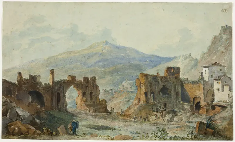 The Ancient Theater at Taormina with a View of Mount Etna, Study for Saint Non's Voyage Pittoresque de Naples et de Sicile Wall Art by Louis François Cassas - High-Resolution Digital Print