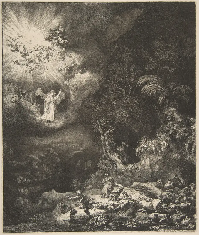 The Angel Appearing to the Shepherds Wall Art by Rembrandt (Rembrandt van Rijn) - High-Resolution Digital Print