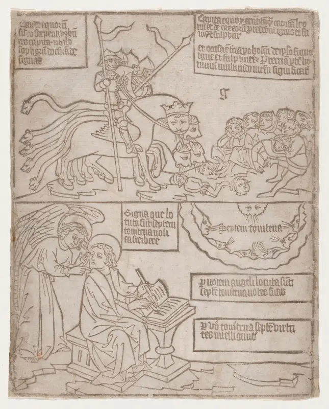 The Angels of the Euphrates Killing Mankind; and The Angel Preventing Saint John from Recording the Words of the Seven Thunders, from an "Apocalypse" blockbook, second edition Wall Art by Anonymous, Netherlandish, 15th century - High-Resolution Digital Print