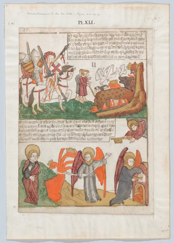 The Annihilation of the Beast; The Capture and Incarceration of the Beast from an Apocalypse blockbook, 2nd edition Wall Art by Anonymous, Netherlandish, 15th century - High-Resolution Digital Print