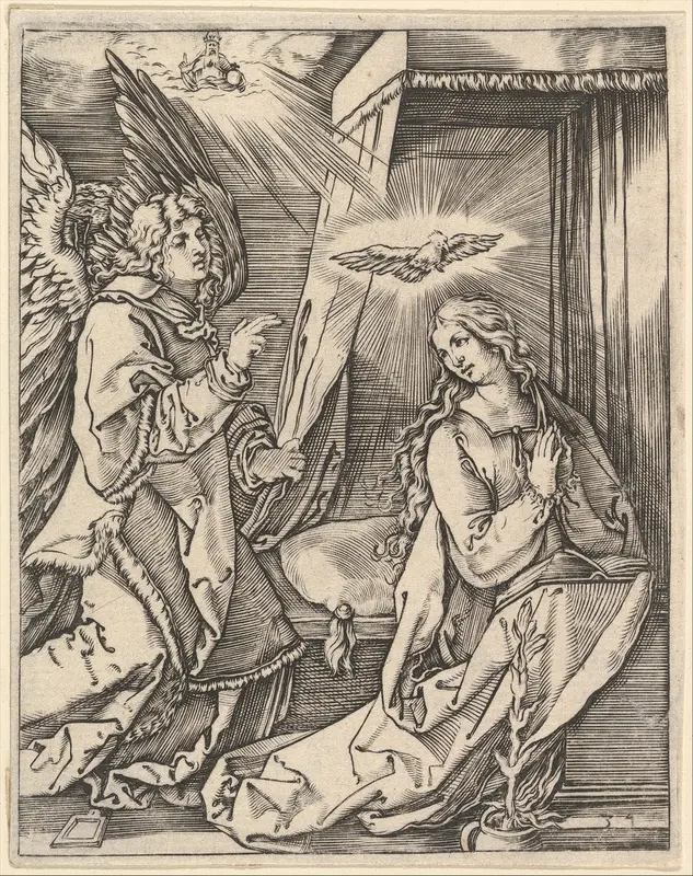 The Annunciation; on the left the archangel Gabriel approaches the praying Virgin Mary in her bedchamber, over her head a dove representing the Holy Ghost, in the sky above a figure of God the Father, from "The Passion of Christ", after Dürer