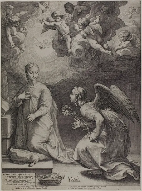 The Annunciation, plate one from The Birth and Early Life of Christ Wall Art by Hendrick Goltzius - High-Resolution Digital Print