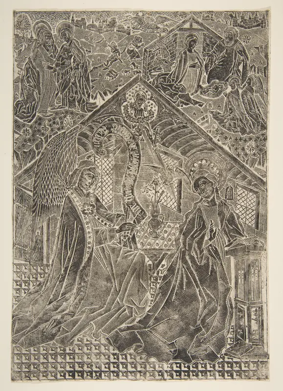 The Annunciation, Visitation, and Nativity Wall Art by Master of the Church Fathers' Border - High-Resolution Digital Print
