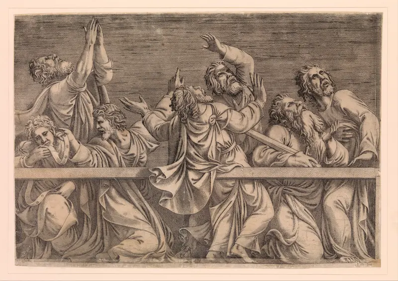 The Apostles Looking at Christ and the Virgin in a Glory of Angels (bottom left plate) Wall Art by Léon Davent - High-Resolution Digital Print