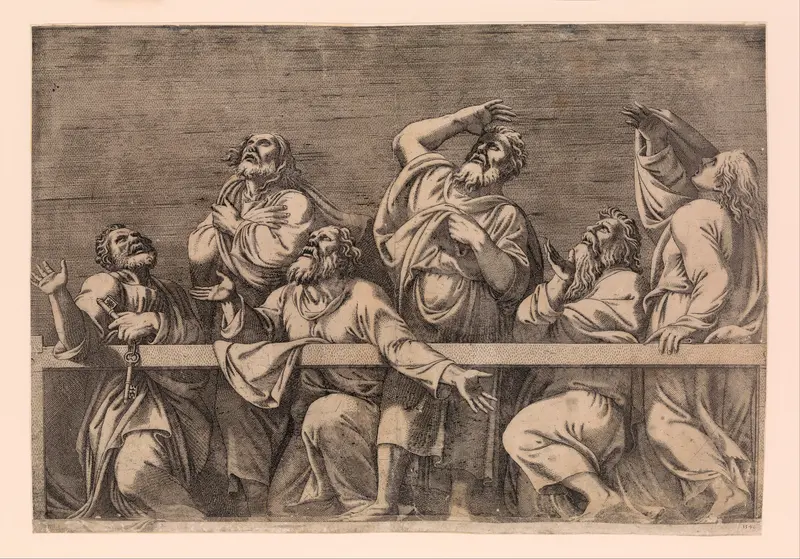 The Apostles Looking at Christ and the Virgin in a Glory of Angels (bottom right plate) Wall Art by Léon Davent - High-Resolution Digital Print