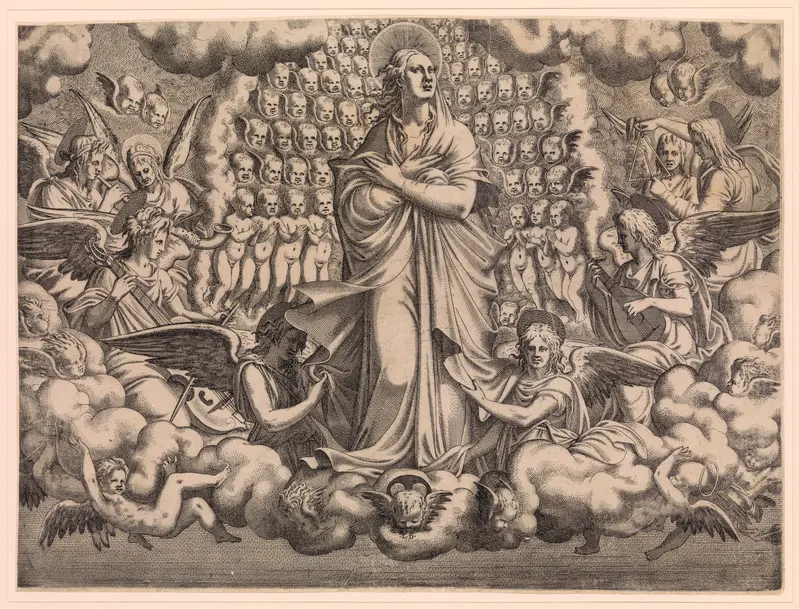 The Apostles looking at Christ and the Virgin in a Glory of Angels (top left plate) Wall Art by Léon Davent - High-Resolution Digital Print