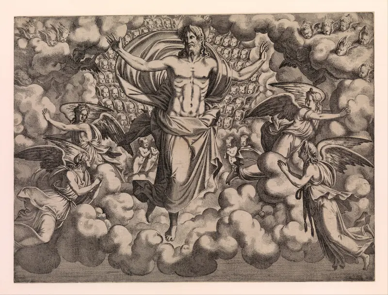 The Apostles Looking at Christ and the Virgin in a Glory of Angels (top right plate) Wall Art by Léon Davent - High-Resolution Digital Print