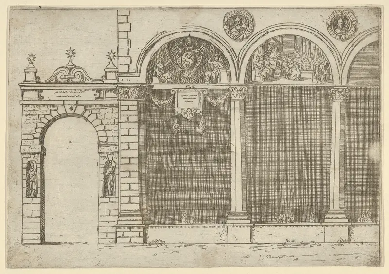The arcade of the palace of the Archbishop of Bologna with temporary decorations for the entry of Pope Clement VIII in Bologna in 1598 Wall Art by Guido Reni - High-Resolution Digital Print