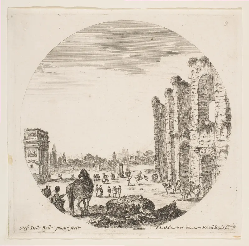 The Arch of Constantine at left, part of the Colosseum at right, various horses and figures in foreground and background, plate 9 from "Roman landscapes and ruins" (Paysages et ruines de Rome) Wall Art by Stefano della Bella - High-Resolution Digital Print