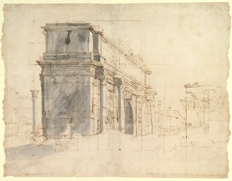 The Arch of Septimius Severus in the Roman Forum, with the Column of Phocas at the Left and the Temple of Saturn at the Right Wall Art by Gaspar Adriaensz. van Wittel - High-Resolution Digital Print