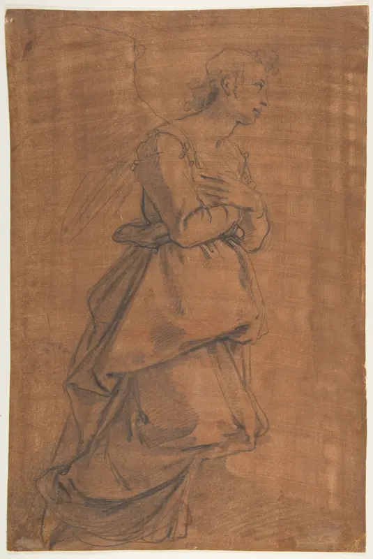 The Archangel Gabriel Kneeling to the Right; Small Study of Head at Lower Left. Wall Art by Jacopo da Empoli (Jacopo Chimenti) - High-Resolution Digital Print