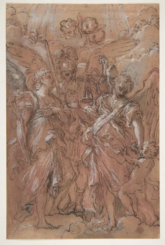 The Archangels Gabriel, Michael and Raphael (recto); sketches of figures (verso) Wall Art by Giuseppe Passeri (Passari) - High-Resolution Digital Print