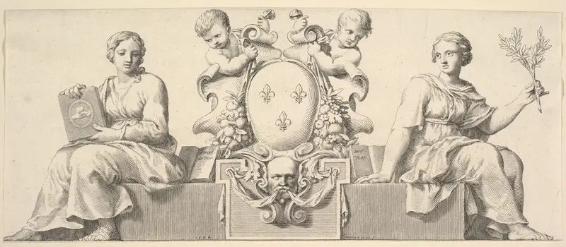 The Arms of France Accompanied by Personifications of Law and Good Faith Wall Art by Claude Mellan - High-Resolution Digital Print