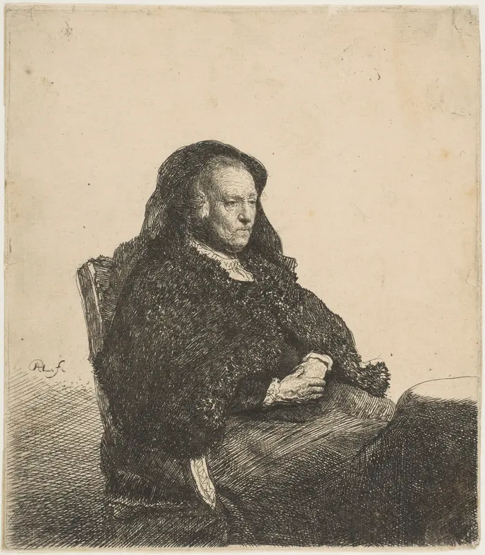 The Artist's Mother Seated at a Table Looking Right: Three-Quarter Length Wall Art by Rembrandt (Rembrandt van Rijn) - High-Resolution Digital Print