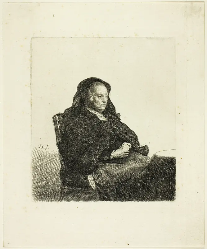 The Artist's Mother Seated at a Table, Looking Right: Three Quarter Length Wall Art by Rembrandt van Rijn - High-Resolution Digital Print