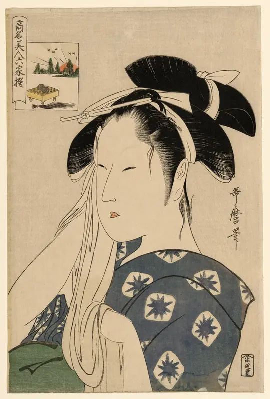 The Asahiya Widow, from the series “Renowned Beauties Likened to the Six Immortal Poets" ("Komei bijin rokkasen") Wall Art by Kitagawa Utamaro - High-Resolution Digital Print