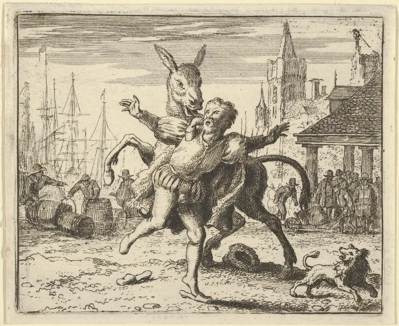 The Ass, Jealous of the Attention the Dog Is Getting From His Master, Looks to Imitate Him by Jumping at the Master's Neck from Hendrick van Alcmar's Renard The Fox Wall Art by Allart van Everdingen - High-Resolution Digital Print