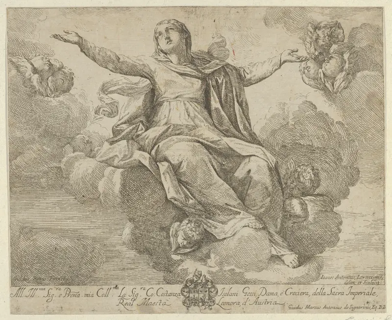 The Assumption of the Virgin, who is seated in the clouds with arms outstretched, angels surrounding her Wall Art by Fra Antonio Lorenzini - High-Resolution Digital Print