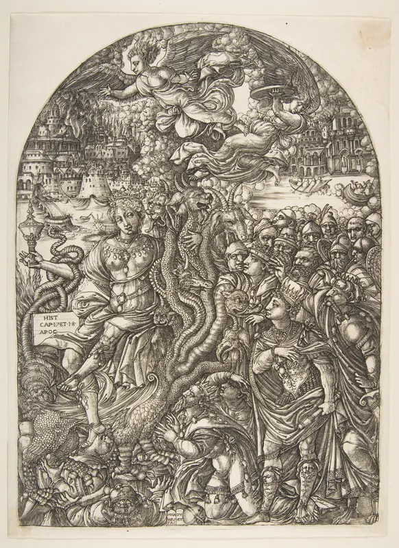 The Babylon Harlot seated on the Seven-Headed Beast, from the Apocalypse Wall Art by Jean Duvet - High-Resolution Digital Print