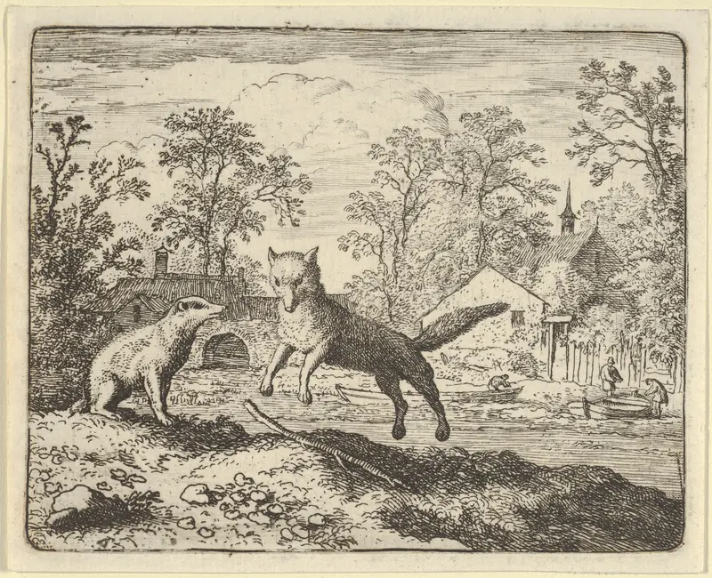 The Badger Imposes as Punishment to Jump Three Times Over a Stick on the Ground from Hendrick van Alcmar's Renard The Fox Wall Art by Allart van Everdingen - High-Resolution Digital Print