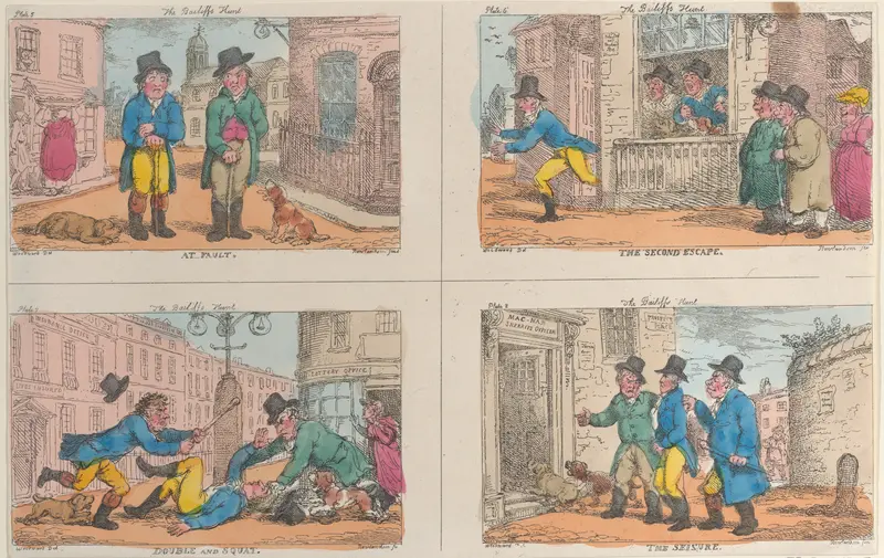 The Bailiff's Hunt: At Fault, The Second Escape, Double and Squat, and The Seizure Wall Art by Thomas Rowlandson - High-Resolution Digital Print