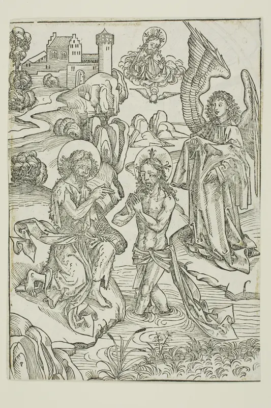 The Baptism of Christ (verso); The Circumcision of Christ (recto), pages 34 and 33, from the Treasury (Schatzbehalter) Wall Art by Michel Wolgemut - High-Resolution Digital Print