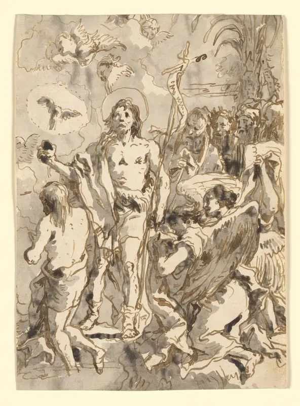 The Baptism of Christ (with Christ Half-Kneeling at Left, His Back Turned, and the Baptist Full-Faced at Center, Looking Up) Wall Art by Giovanni Domenico Tiepolo - High-Resolution Digital Print