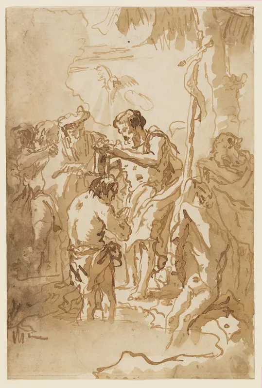 The Baptism of Christ (with Christ Standing at Left Center, His Back Turned, and a Youth Stripping in the Right Foreground) Wall Art by Giovanni Domenico Tiepolo - High-Resolution Digital Print