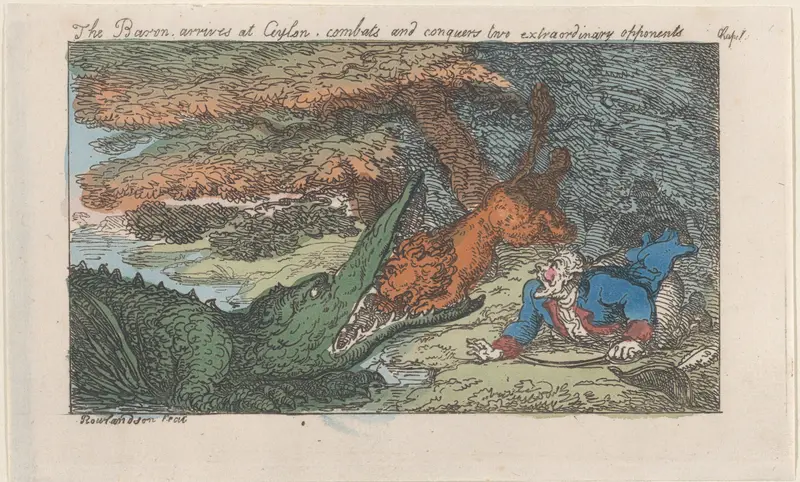 The Baron arrives at Ceylon, combats and conquers two extraordinary opponents Wall Art by Thomas Rowlandson - High-Resolution Digital Print