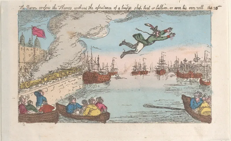 The Baron crosses the Thames without the assistance of a bridge, ship, boat, or balloon, or even his own will Wall Art by Thomas Rowlandson - High-Resolution Digital Print