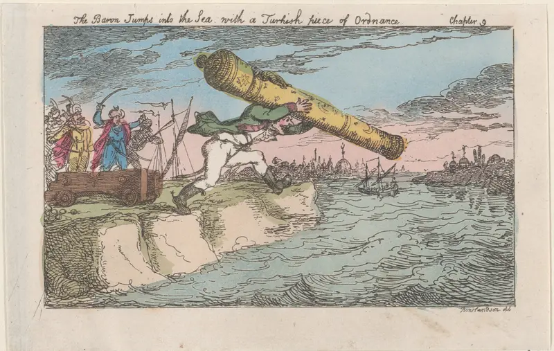 The Baron Jumps into the Sea with a Turkish piece of Ordnance Wall Art by Thomas Rowlandson - High-Resolution Digital Print