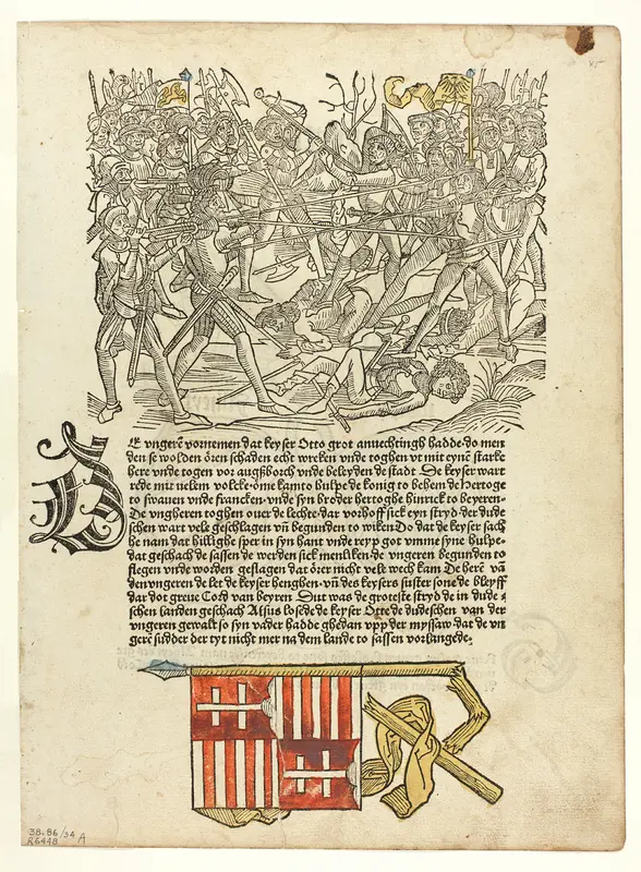 The Battle of Lechfeld (recto) and Duke Wolpy of Bavaria and His Wife, Atheyt (verso) from Sachsen-Chronik (Saxon Chronicle), Plate 34 from Woodcuts from Books of the 15th Century Wall Art by Unknown artist - High-Resolution Digital Print