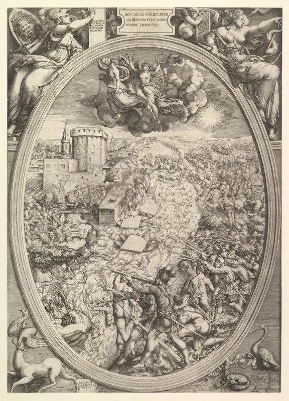 The Battle of Mühlberg with the army of Charles V crossing the Elbe River Wall Art by Enea Vico - High-Resolution Digital Print
