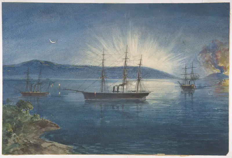 The Bay of Bull Arms, Trinity Bay, Newfoundland, Bonfires Lighted on the Hills to Notify of the Arrival of the Cable Fleet on August 5th, 1858 Wall Art by Robert Charles Dudley - High-Resolution Digital Print